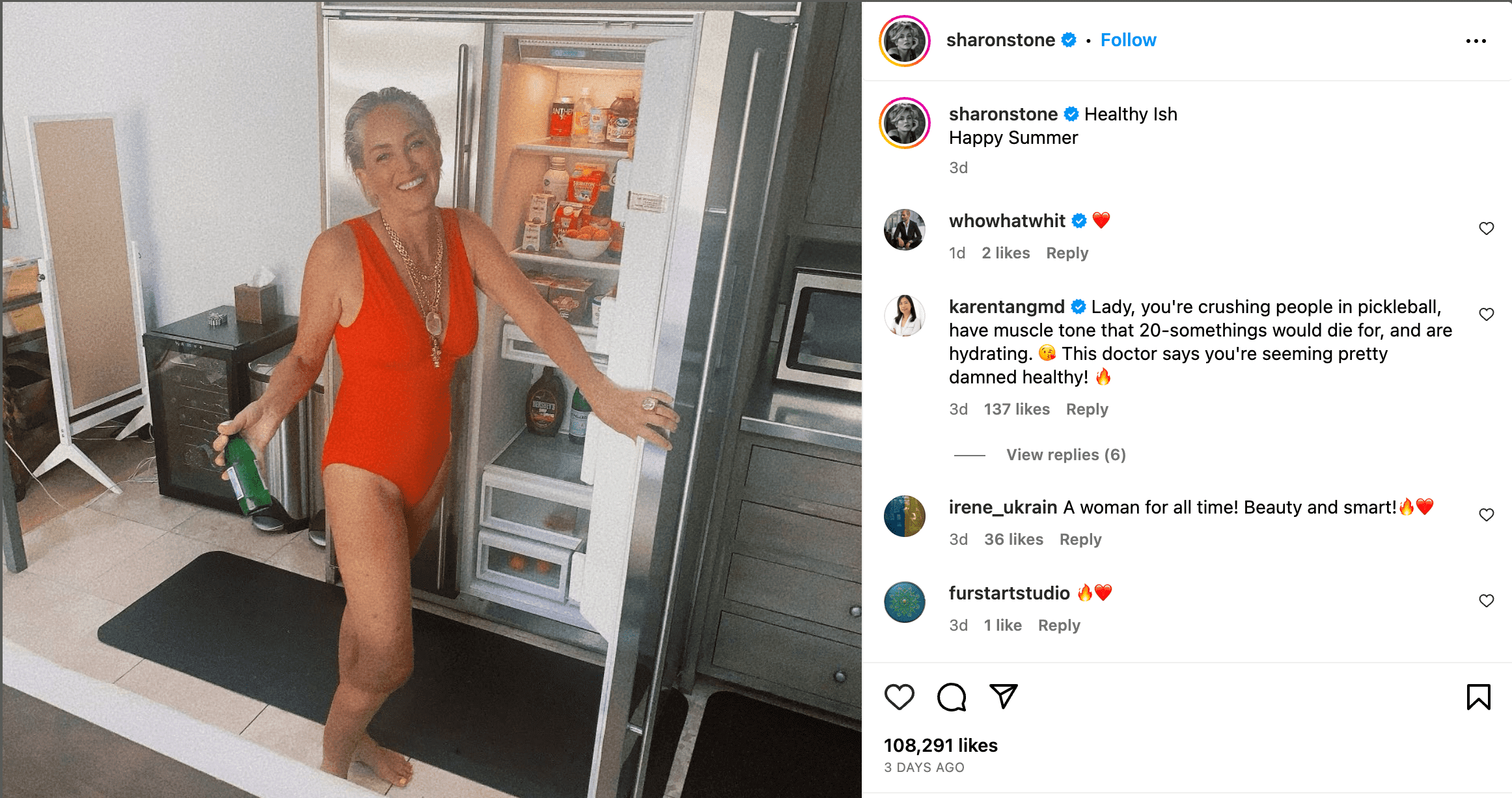 Casino actor Sharon Stone, bright up kitchen with summer swimsuit